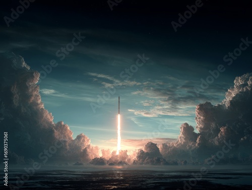 A rocket launches into the vast expanse of space, illuminating the night sky with a brilliant trail of fire, signifying human ambition and exploration.