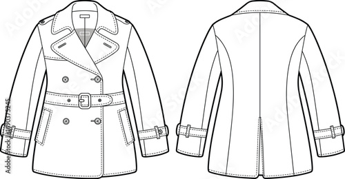 Women’s classic trench coat flat sketch with belt, wide lapel, and sleeve straps – fashion CAD design