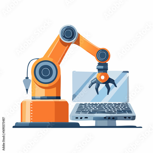 Orange Robot Arm Interacting With Laptop