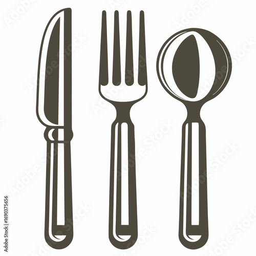 Linear monochrome rendering illustrates fork, knife, and spoon dining utensils in a kitchen setting