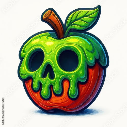 Apple with skull face and melting green glaze halloween