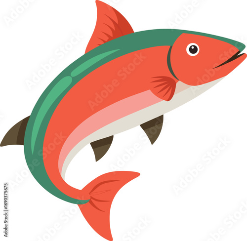 Cartoon illustration of a bright red sockeye salmon jumping out of water