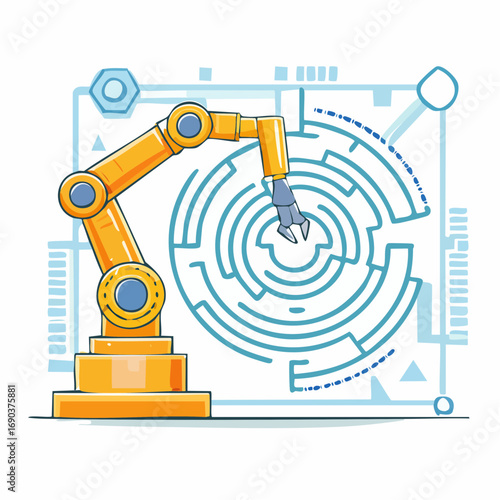 Orange Robot Arm Navigating Abstract Maze