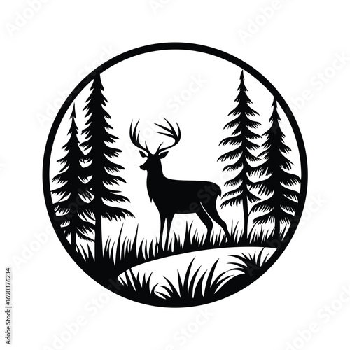 Majestic deer gracefully stands amidst towering pines within circular frame landscape artwork