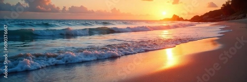 Smooth, rounded waves gently caress the sandy shore at sunset, creating a serene and picturesque coastal scene The soft light bathes the water in warm, inviting tones , serene, natural