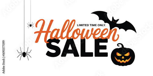 Halloween sale graphic with orange cursive text, bold SALE lettering, flying bat, spiders, and glowing jack-o'-lantern for festive marketing