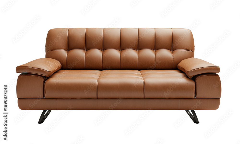 Obraz premium Modern brown leather sofa with tufted backrest, plush armrests, and angled metal legs, designed for contemporary living spaces