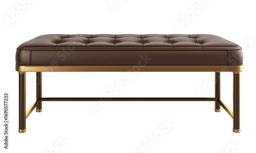 Tufted brown leather bench with a polished gold metal frame, rectangular silhouette offering a modern, elegant ottoman-style seat