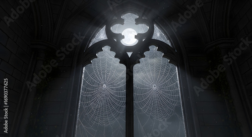 Eerie gothic window with intricate spiderwebs illuminated by moonlight perfect for halloween