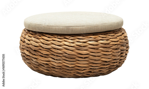 Round woven wicker ottoman with cushioned beige top, featuring a braided natural fiber base and soft upholstered seat.