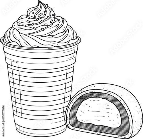 Mochi dessert, whipped cream drink, vector illustration, black and white, sweet treat, creamy filling, beverage cup, food art, stylized snack, graphic design