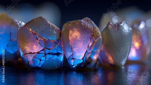 Iridescent tooth enamel with diamond-like cracks, glowing under blue light for durability.