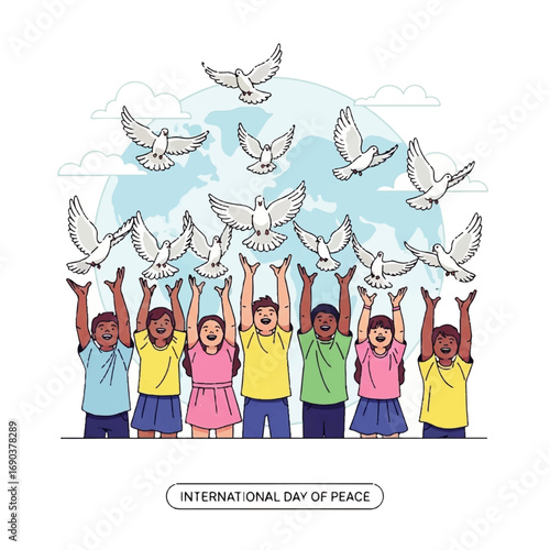 Children releasing doves for International Day of Peace with globe background.