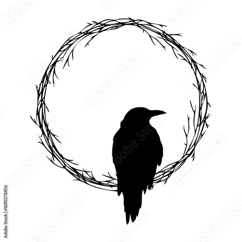 Tiempo de otoño. Logo con silueta de cuervo negro en corona circular de ramas de árbol para tarjetas y felicitaciones de Navidad