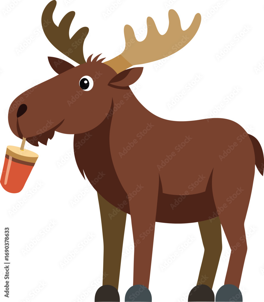 Fototapeta premium Cartoon Moose Holding a Cup Cute Animal Illustration for Children