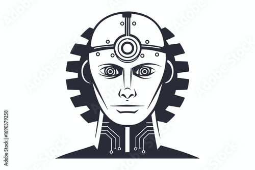 Monochromatic robot head illustration features metallic elements and mechanical gear details, showcasing futuristic technology