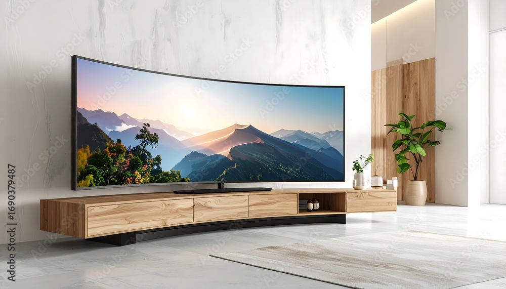 Fototapeta premium Modern Curved TV in a Stylish Living Room