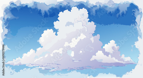Dreamy watercolor sky background with fluffy cumulus clouds on a clear blue day, perfect for serene and airy designs
