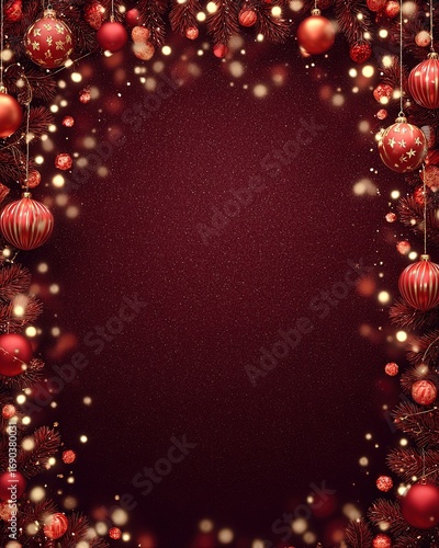 Christmas background with red ornaments and blank space for text. Festive red Christmas background with hanging ornaments, glowing lights and empty center for text or design