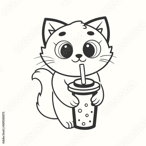 Monochrome cartoon feline happily enjoys boba tea while holding the cup close