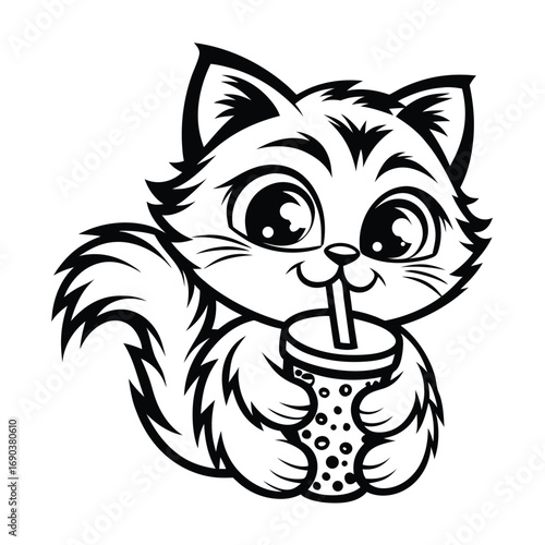 Monochrome cartoon kitten enjoys drinking bubble tea with a straw cheerfully in line art