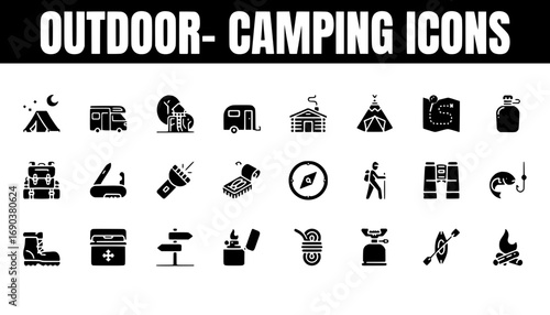 Camping Icons Set Black Glyph Style Outdoor Adventure