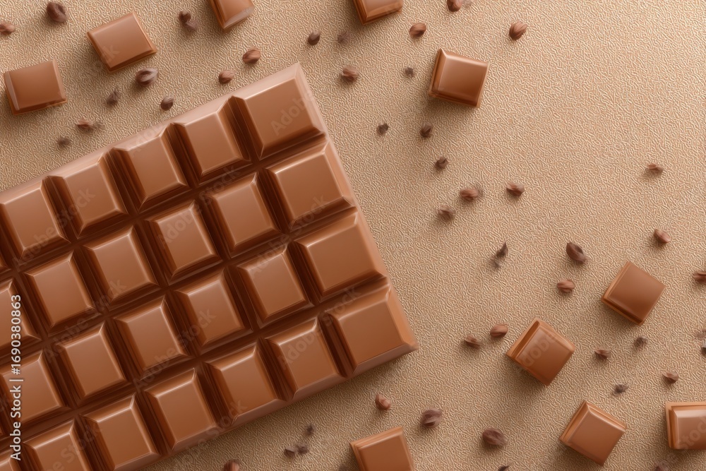 Fototapeta premium A beautifully arranged chocolate bar surrounded by cocoa nibs on a soft beige background