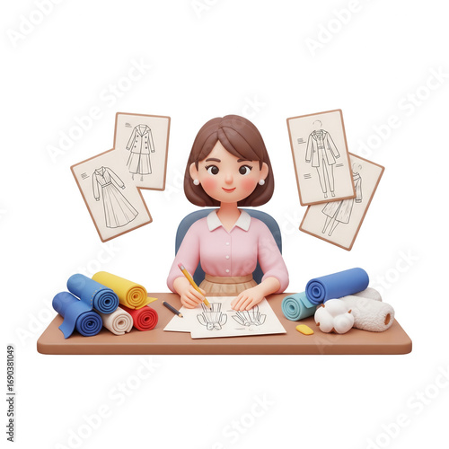 Cute 3d Cartoon Fashion Designer At Her Desk On A Transparent Background