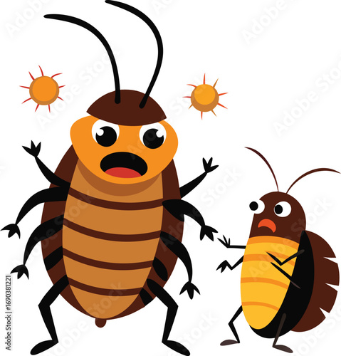 Cartoon Cockroaches with Angry Expressions and Germs Floating Around Them Illustration