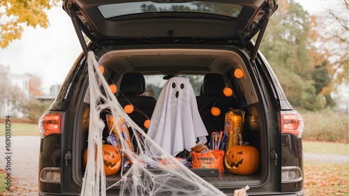 Spooky halloween trunk decorated with a ghost pumpkins and cobwebs for a festive outdoor celebration