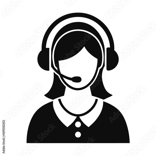 Monochrome shows a woman wearing headphones with a microphone near her mouth in plain white background