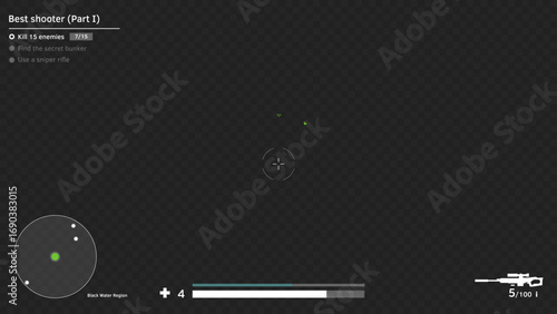 First person shooter game user interface with crosshair, minimap and health bar overlay. Sharpshooter rifle gun and game realistic simple UI template for display in video or photo.