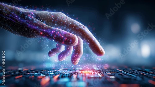 Futuristic digital hand touching glowing data chip with digital particles and monopoly of technology over circuit board control