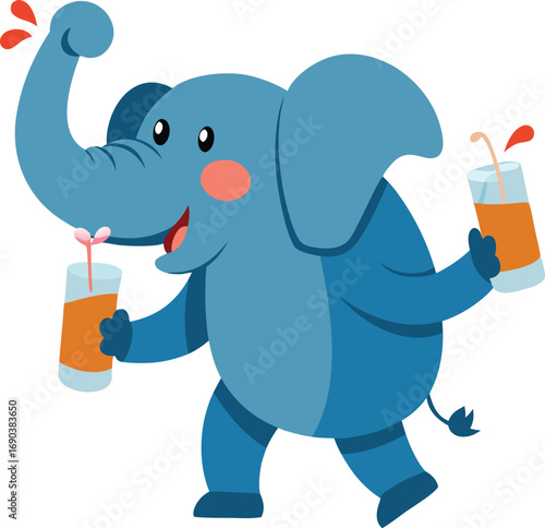 Cheerful Cartoon Elephant Holding Drinks and Dancing with Joyful Expression