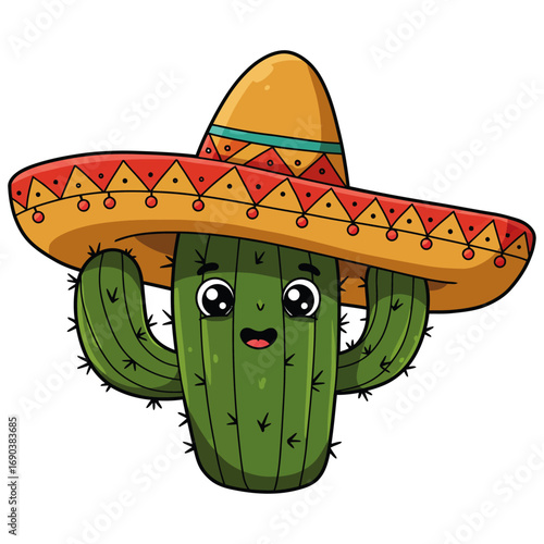Mexican sombrero cactus cartoon illustration with festive design and green plant art