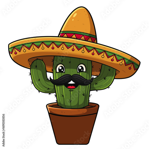 Happy cartoon cactus wearing a sombrero in Mexican traditional style illustration