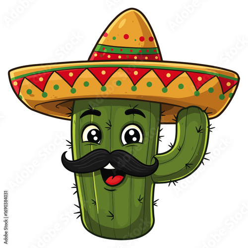 A cheerful cartoon boy in a red Mexican sombrero smiles beside a fun cactus, chili pepper, and food illustration