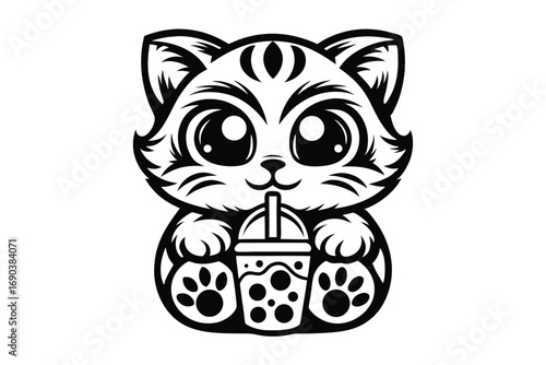 Outline drawing of a cute kitten holds a bubble tea with both its paws