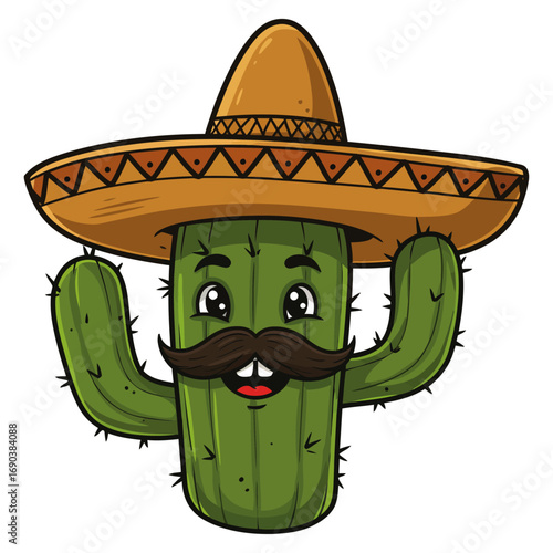 A fun cartoon Mexican sombrero hat with a smiling face character on a white background