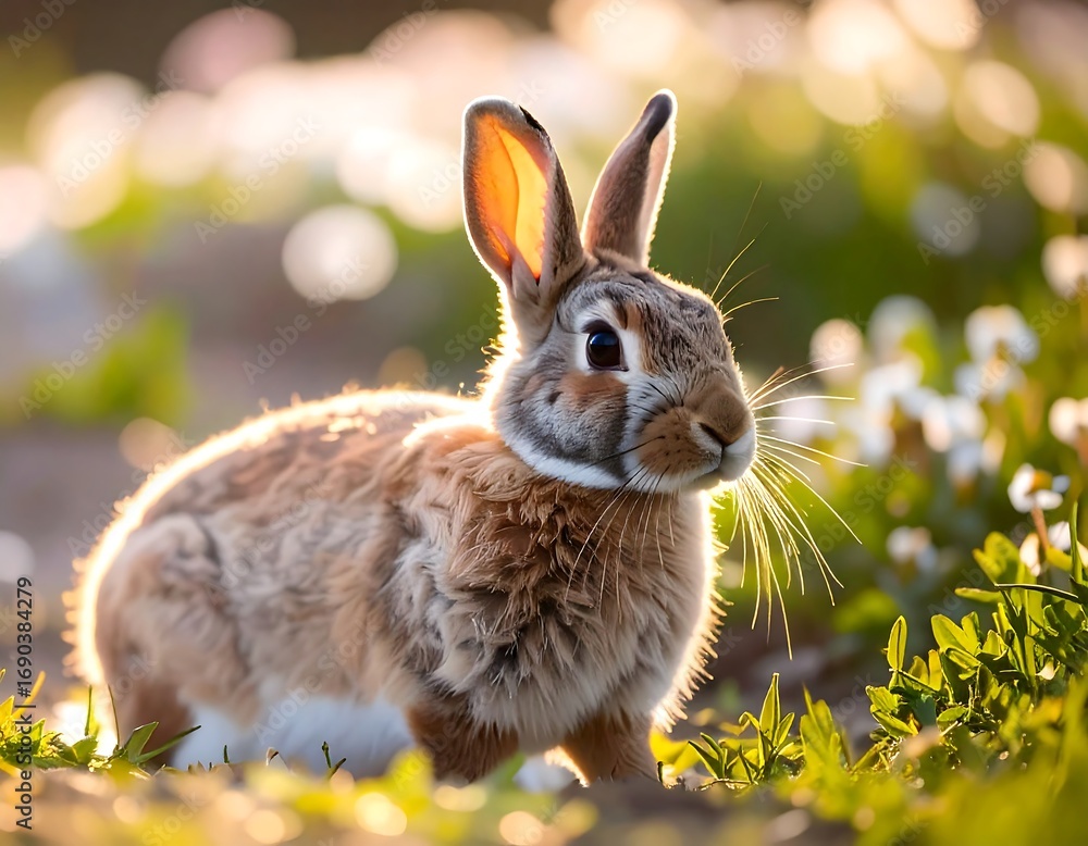 Fototapeta premium Adorable rabbit in sunlit meadow