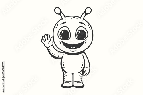 Outlined cartoon alien cheerfully waves with visible antenna and a friendly, welcoming smile
