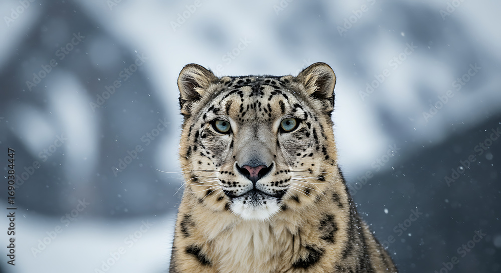 Fototapeta premium Majestic Snow Leopard Stares Through Falling Snow In A Pristine Mountain Landscape