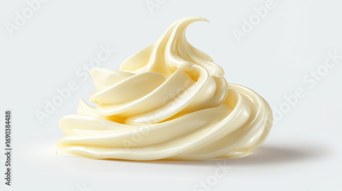 A smooth, creamy dollop of pale mayonnaise sits elegantly on a plain white background, emphasizing its rich texture and glossy finish.
