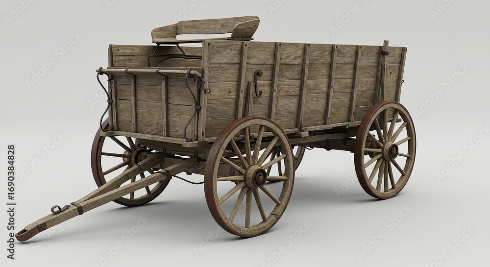 Fototapeta premium Old wooden cart wagon isolated on white background for farm transport