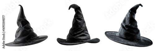 Set of a different Halloween witch hats, isolated on a transparent background.