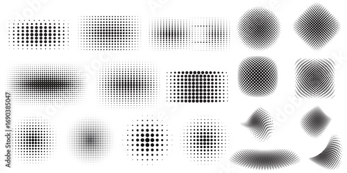 Abstract halftone dot patterns and distorted grids for graphic design textures white background