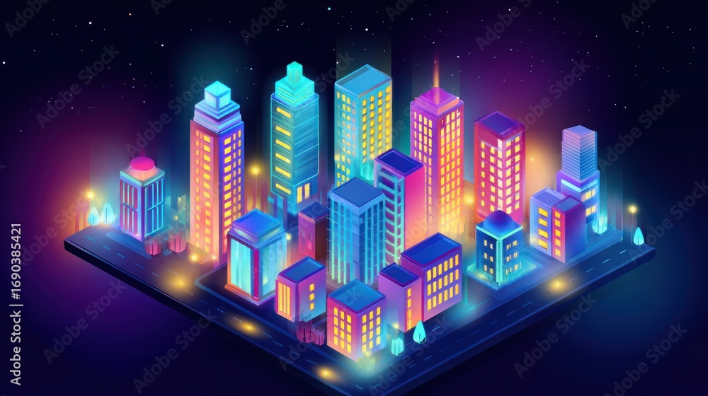 Fototapeta premium Futuristic cyberpunk night cityscape illustration - Vibrant Neon Isometric Cityscape at Night with Futuristic Aesthetic. showcasing neon skyscrapers, glowing lights, atmospheric fog, and immersive