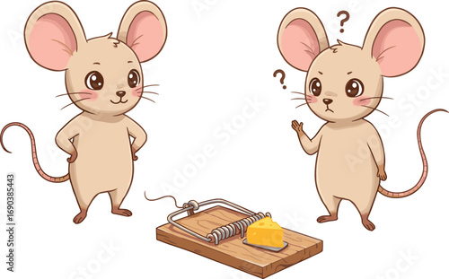 Cute cartoon mice near a cheese mousetrap, funny animal characters, curious and cautious rodents, cheese bait, animal illustration, playful wildlife vector art