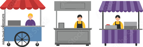 Vector illustration of three street food vendors with colorful and modern food carts, market stalls, sellers, outdoor food business, and urban market scenes