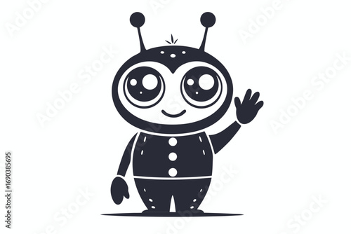Outline illustration presents a cute and cheerful alien waving, exhibiting cartoonish features and playful design